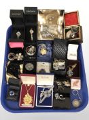 Assorted decorative costume jewellery including Scottish agate brooches, pill boxes, enameled items,