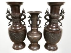 A pair of contemporary Japanese bronze twin-handled vases, height 40 cm,