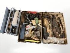 Assorted hand tools, files, woodworking plane, concertina tool box, etc.