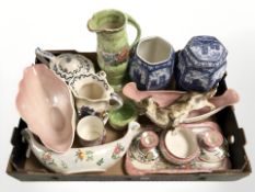 Maling lustre ceramics, Ringtons caddies, Austrian ceramic figure of a dog, etc.