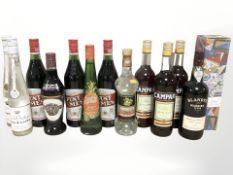 Thirteen various mainly alcoholic bottles including La Dutchesse, Blandy's Madeira wine, Campari,