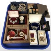 A quantity of costume jewellery, enamelled bangles, Sekonda and Timex wrist watches, Masonic medals,