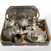 EPNS and pewter tea wares, tankards, twin handled serving tray, gallery tray, etc.