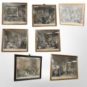 Seven monochrome prints after the originals by Hogarth in 1735, each approximately 40 cm x 35 cm.