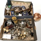 Assorted silver plated wares, hip flasks, glass bottles, embroidered footstool,