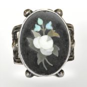 A silver pietra dura ring,