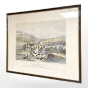 A 19th century hand coloured engraving depicting grouse shooting, 68 cm x 56 cm.