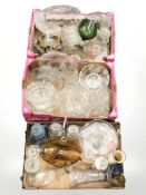 Assorted 20th century pressed glass wares, enameled metal oil lamp, etc.