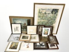 A group of pictures and prints, oil on board of a Parisian street scene, etc.