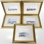 After Tom MacDonald : five signed prints depicting St Mary's Island, River Tyne etc,
