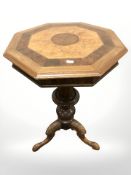 A walnut and satin wood inlay octagonal work table,
