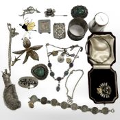 An interesting group of jewellery and collectables including silver items, stamp case,