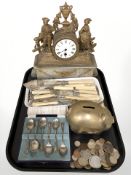 A 19th century French gilt metal figural mantel clock, assorted pre decimal coins,