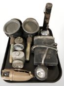A pair of antique carriage lamps, bicycle lamp, torch, Oldham Type R battery,