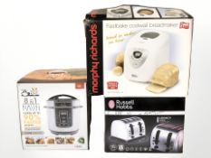 A Morphy Richards breadmaker, Russell Hobbs toaster and a Pressure King pressure cooker, all boxed.