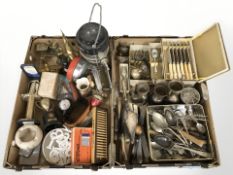 Assorted EPNS cutlery, brass figures, butane lamp, trophy cups, etc.