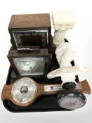 A plaster bust of David, a resin corinthian column, two Art Deco mantel clocks and a barometer.