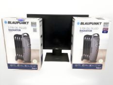 A Dell monitor and two boxed Blaupunkt oil filled radiators