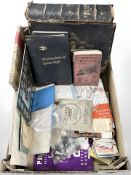 A large Victorian leather bound family bible, collector's coins, railway ephemera, buttons,