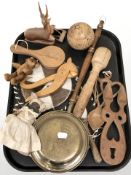Treen items : nut crackers, spoons, miniature brass bed warming pan,