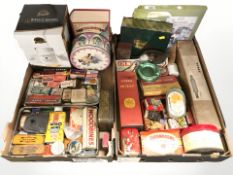 Assorted mid-century vintage tins and packaging, matchboxes, dominoes, Pyrex rolling pin and mixer,