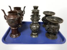 Three pairs of contemporary Japanese bronze vases, tallest 18.5 cm.