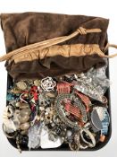A lady's Sander's handbag and an assortment of costume necklaces, brooches, bracelets, etc.