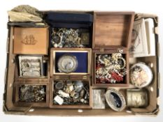 Assorted wooden jewellery boxes containing costume jewellery, an inlaid alabaster trinket box,