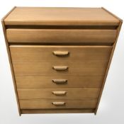 A Chapman's Siesta teak six drawer chest, width 80 cm, and similar bedside chest.