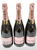 Three bottles of Moet & Chandon rose imperial champagne, 750 ml.