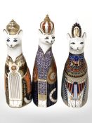 Three Royal Crown Derby Royal Cats paperweights, comprising Egyptian, Siamese and Abyssinian,