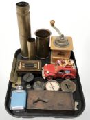 Three brass shell casings, two brass button polisher's, commemorative Titanic compass,