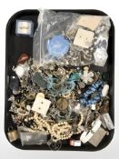 Assorted costume bead necklaces, dress rings, simulated pearls, an EPNS snuff box, etc.