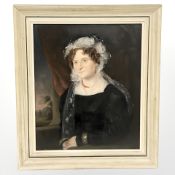 19th century English school : portrait of a lady seated at a table, oil on board, 29.