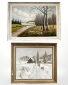 Two Danish oil paintings depicting a pathway towards a lake and a snow covered farm scene,