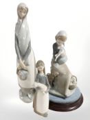 A Lladro figure of a lady holding a basket of fruit, a further lady with lamb and dog,