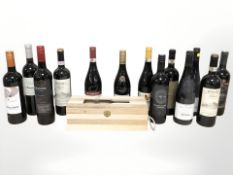 Fourteen various bottles of alcohol including Chianti Reserva, Trivento, La Musa, Miro d'Avola, etc.