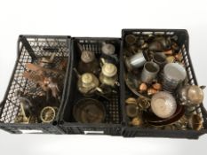 Assorted metal wares including brass coffee pots, engraved goblets, wine cooler, pewter tankards,