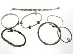 A group of silver and white metal jewellery including Pandora bracelet, silver Nymph bangle,