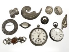 A group of silver and white metal jewellery, clip earrings, Scottish brooch,