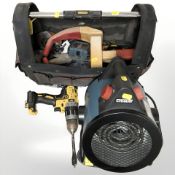 A Stanley tool bag containing various tools, Dewalt drill,