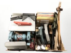 A Clarke bench grinder, Proline circular saw, hand tools,