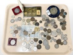 A group of coins including Bank of Korea set, French bank note, two silver Florins etc.