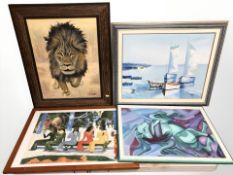 Seven assorted A Quellie oil on canvas portrait of an African lion, abstract studies etc,