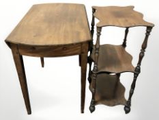 A Victorian rosewood three tier what-not stand and a mahogany drop leaf table