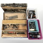 A group of antique joiner's tool boxes, wood working planes, hand tools,