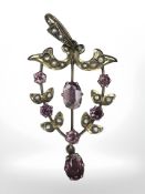 A 9ct yellow gold seed pearl and synthetic ruby pendant, length 40 mm.
