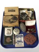 Two Mauchline Ware boxes, a silver lidded crystal dressing table box, a cinnabar lacquer box,