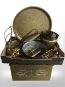 An embossed brass coal box, eastern charger, twin handled pan and other metal wares.