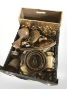 Assorted brass wares, magazine rack,